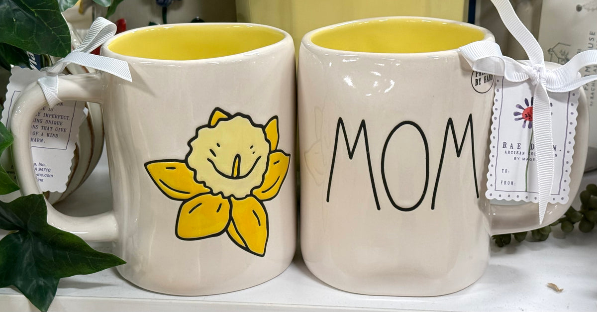 New Rae Dunn white ceramic coffee mug MOM floral back