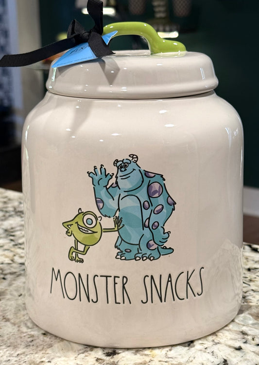 New Rae Dunn x Pixar’s Monsters Inc. white ceramic 8” cookie jar canister MONSTER SNACKS