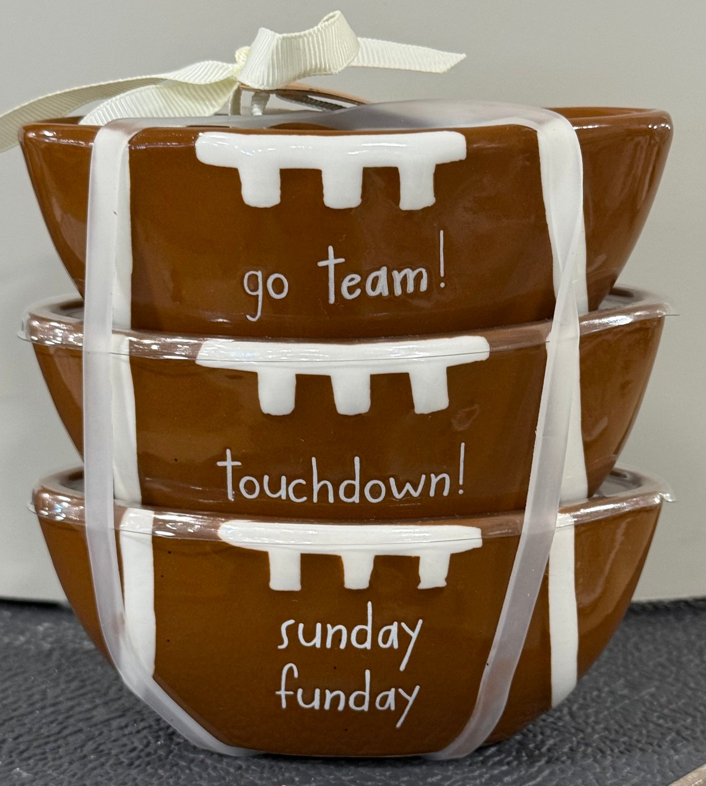 New Rae Dunn 3-piece ceramic football shaped ramekin decor set