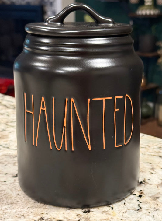 New Rae Dunn black ceramic Halloween decor canister 8” HAUNTED