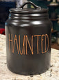 New Rae Dunn black ceramic Halloween decor canister 8” HAUNTED