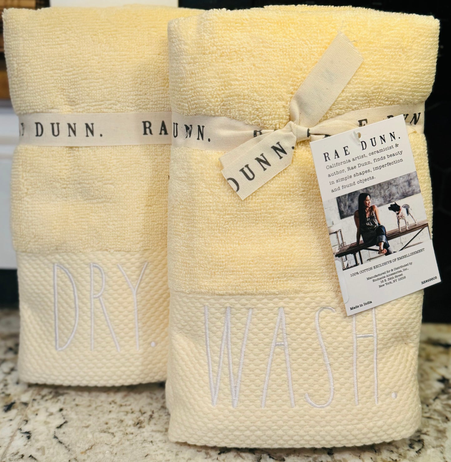 New Rae Dunn 2-piece bathroom hand towel set -yellow WASH/DRY