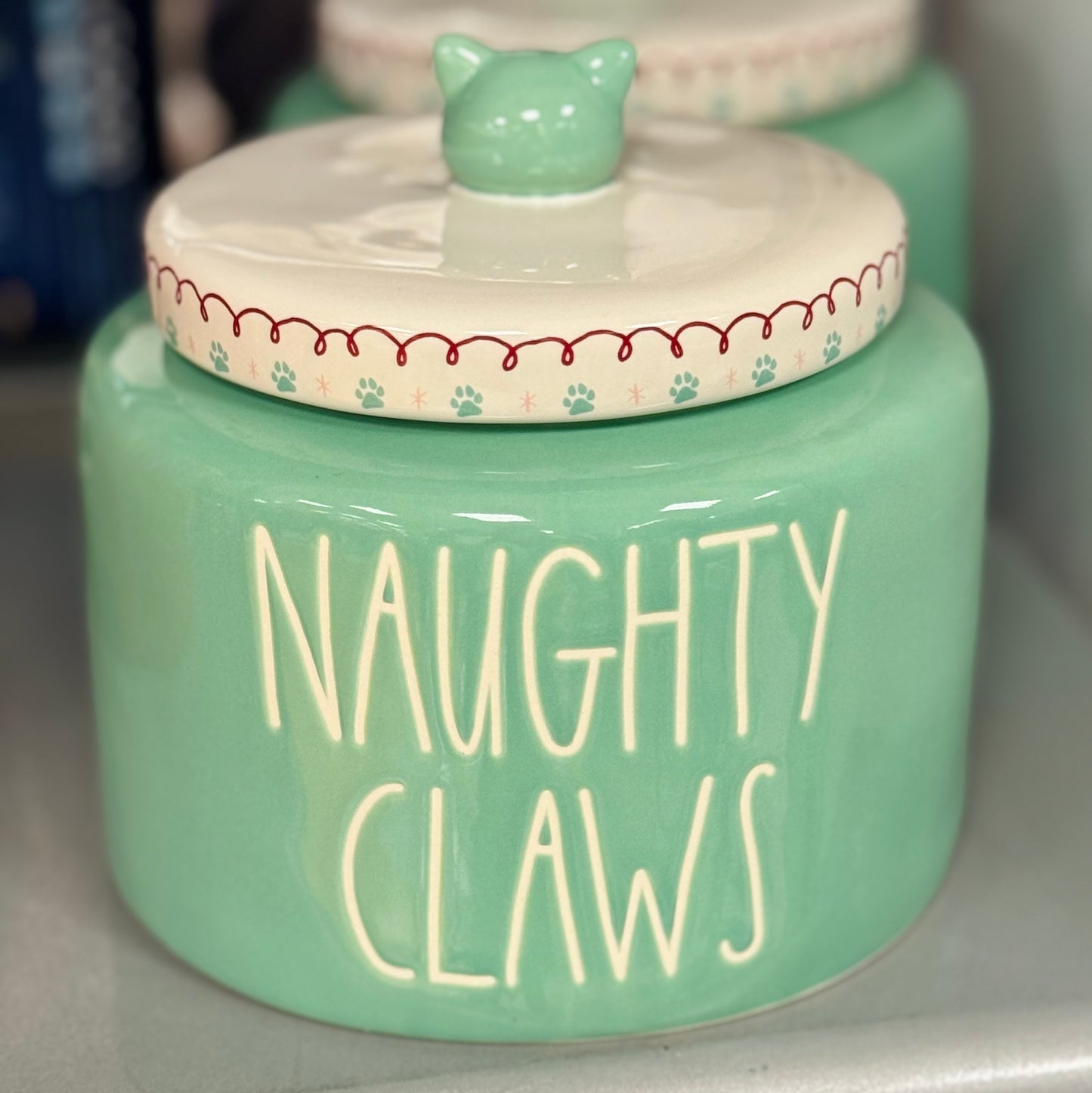 New Rae Dunn Christmas mint NAUGHTY CLAWS cat topped canister