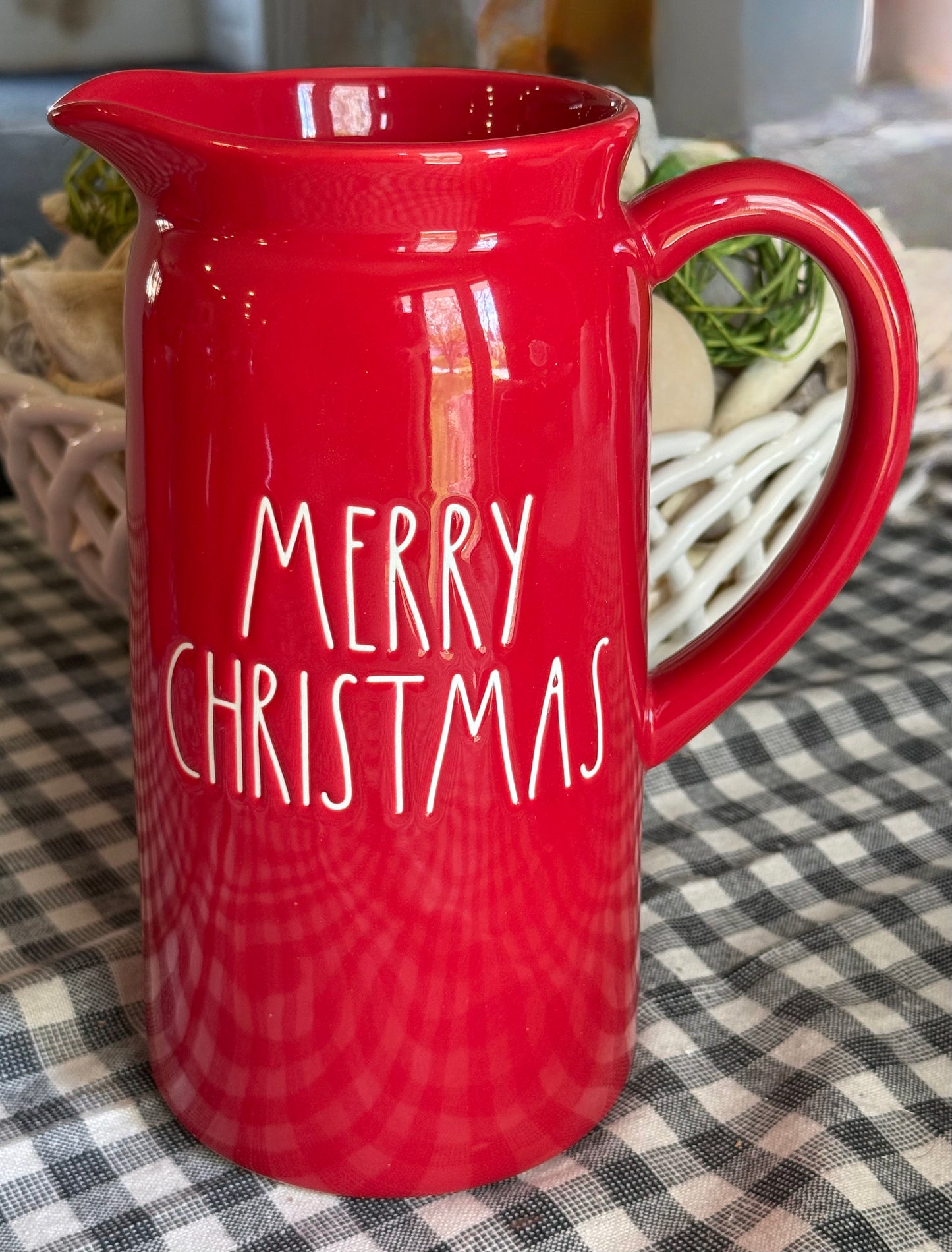 New Rae Dunn red ceramic Christmas decor pitcher MERRY CHRISTMAS