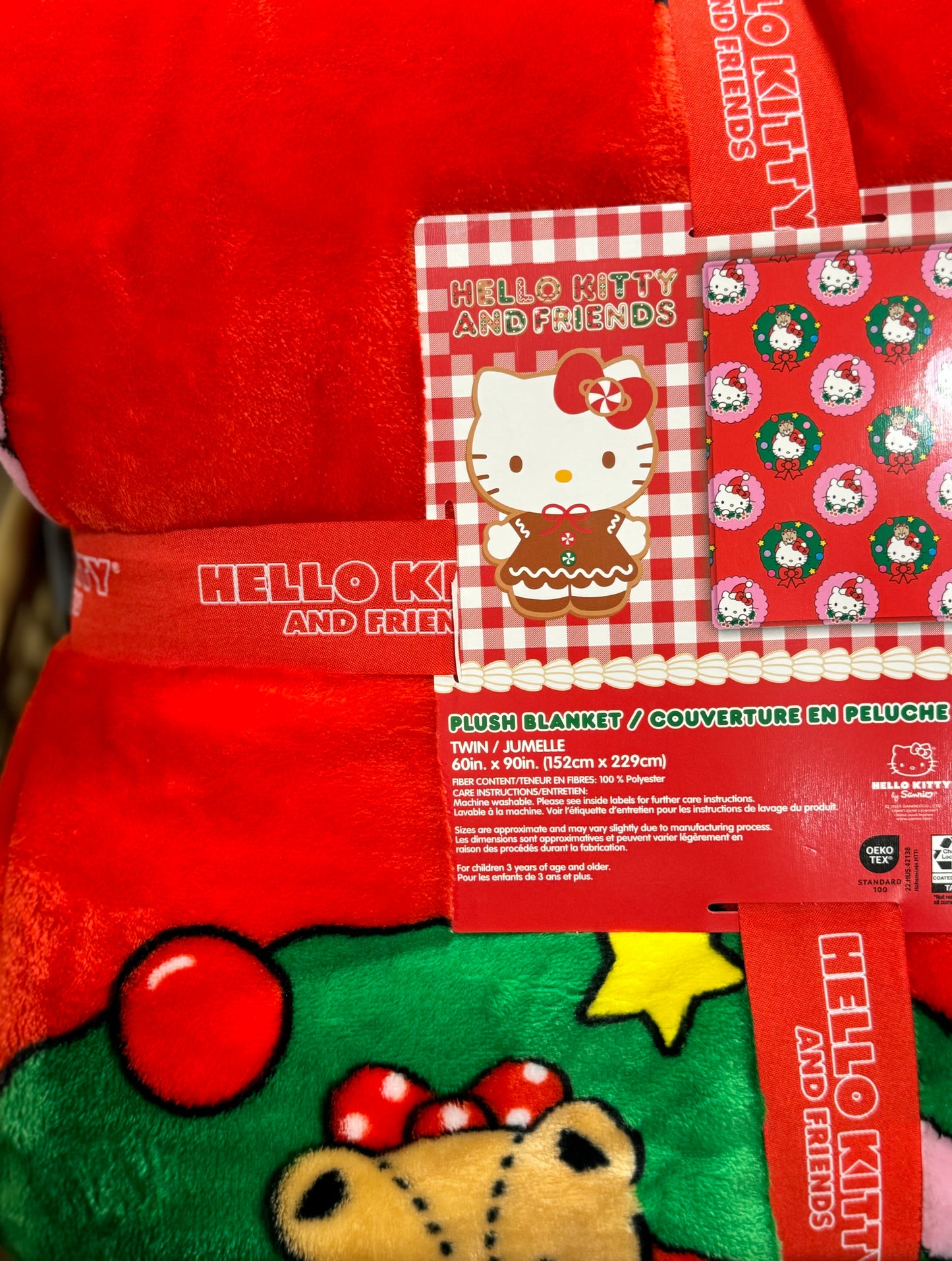 New Hello Kitty red wreath teddy Christmas TWIN size bedding blanket 60x90