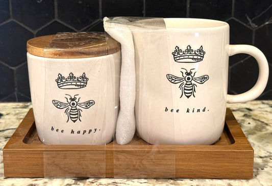 New Rae Dunn white ceramic bee sugar and cream set with wood base bee kind. bee happy.