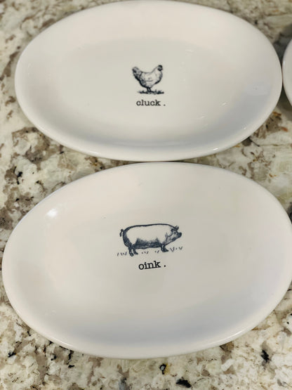 Rae Dunn RARE 4-piece ceramic original farmhouse farm line oval plate set MOO CLUCK FARM OINK.