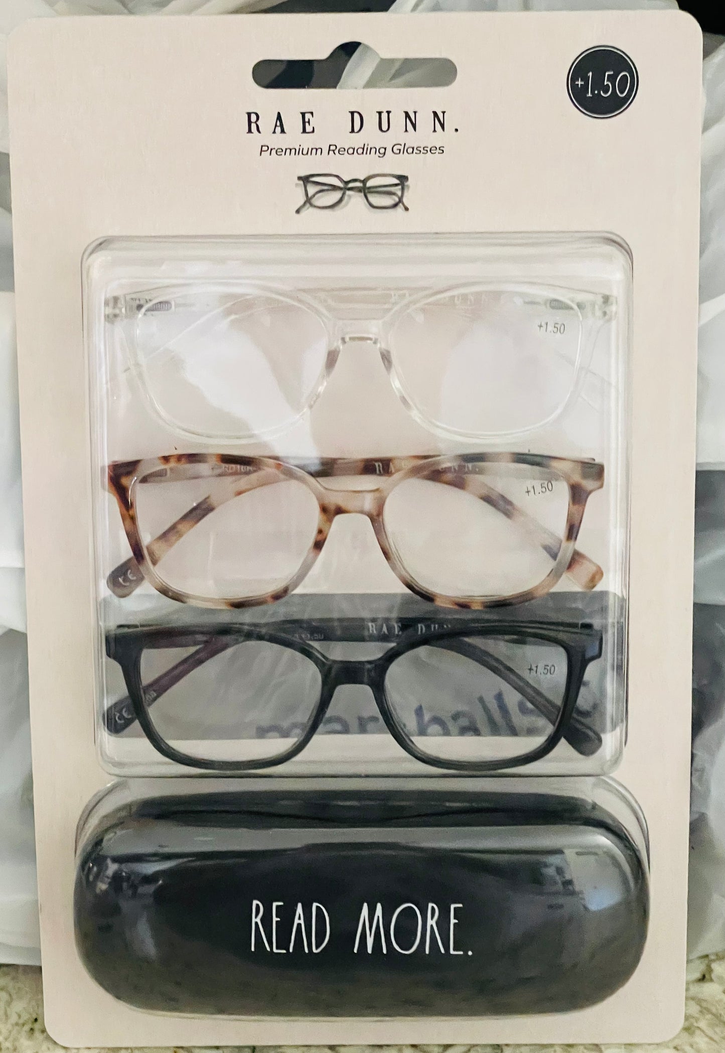 New Rae Dunn 3 pair 1.5 power reading glasses. Case included READ MORE.