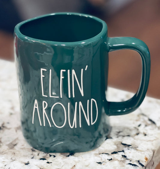 New Rae Dunn green ceramic Christmas coffee mug -ELFIN’ AROUND