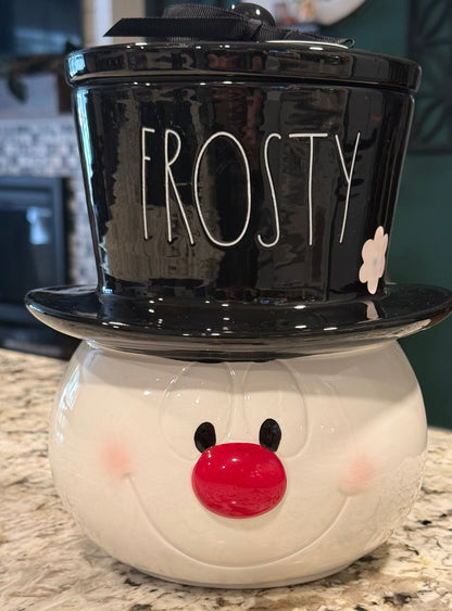 New Rae Dunn ceramic Christmas FROSTY the snowman big head cookie jar