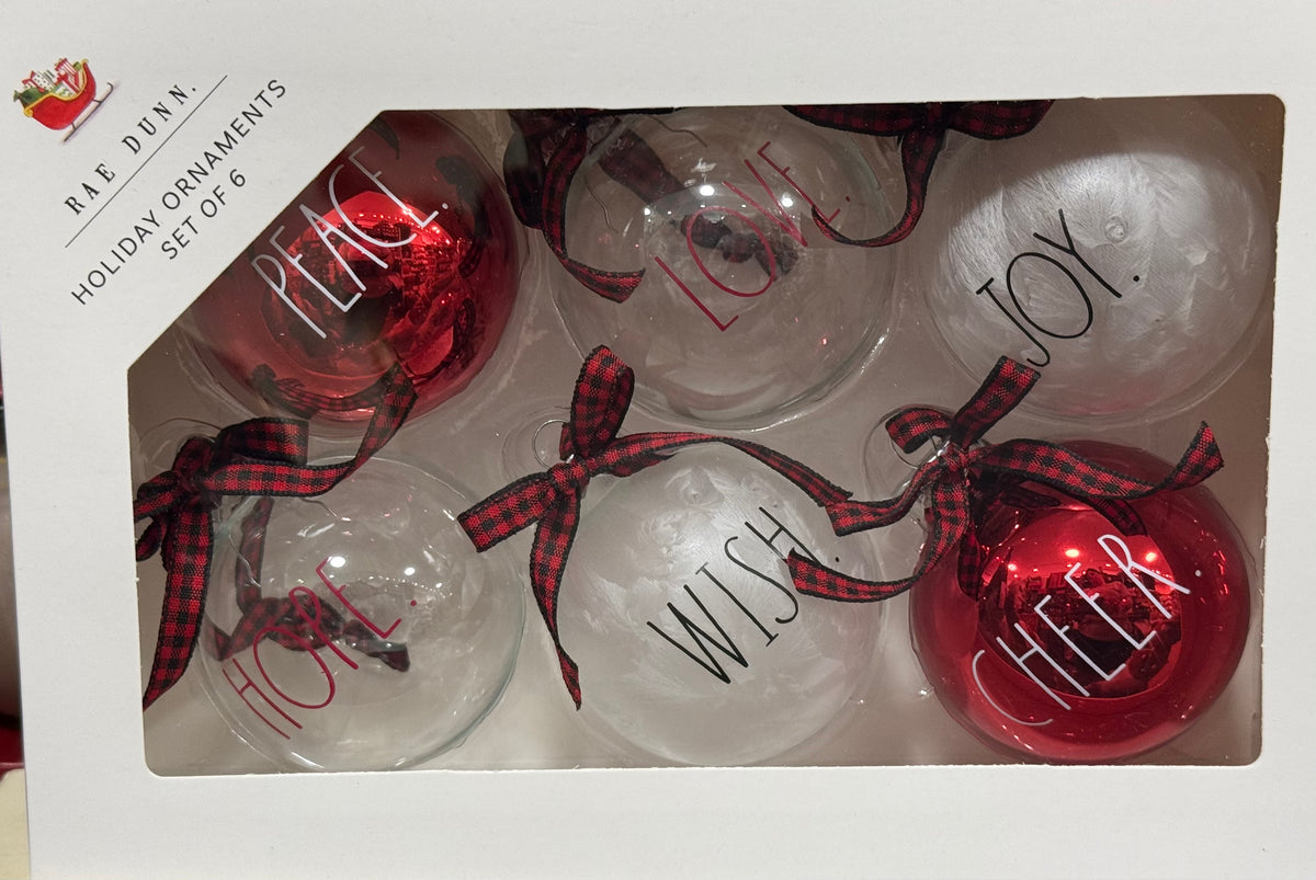 New Rae Dunn 6-piece Christmas glass ornament box set PEACE WISH JOY