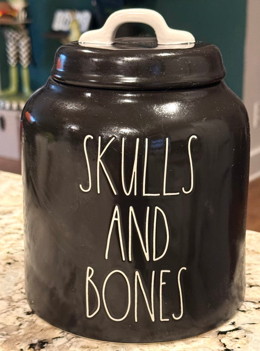 New Rae Dunn black  ceramic 8” SKULLS AND BONES canister Halloween decor -white handle