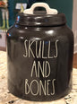 New Rae Dunn black  ceramic 8” SKULLS AND BONES canister Halloween decor -white handle