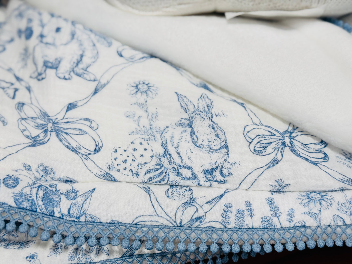 New Blue coquette Easter bunny gauzy reversible throw blanket and white bunny pillow with lace ribbon 50x70 throw