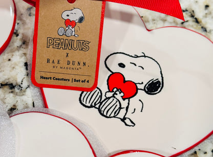 New Rae Dunn x Peanuts Snoopy 4-piece ceramic Valentines heart coaster set