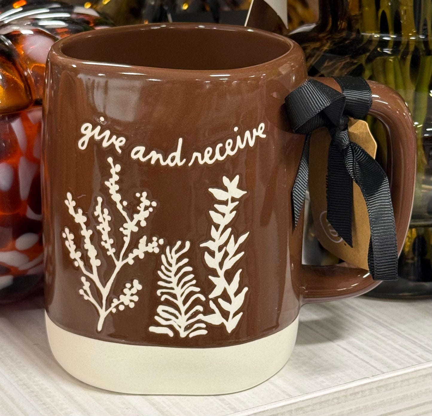 New Rae Dunn brown ceramic coffee mug GIVE AND RECEIVE