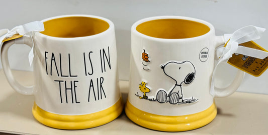 New Rae Dunn x Peanuts Snoopy ceramic Fall coffee mug Charlie Brown FALL IS IN THE AIR