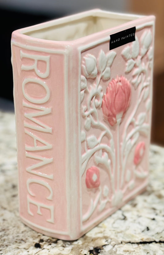 New pink and white ceramic hand painted book vase 8x6 ROMANCE