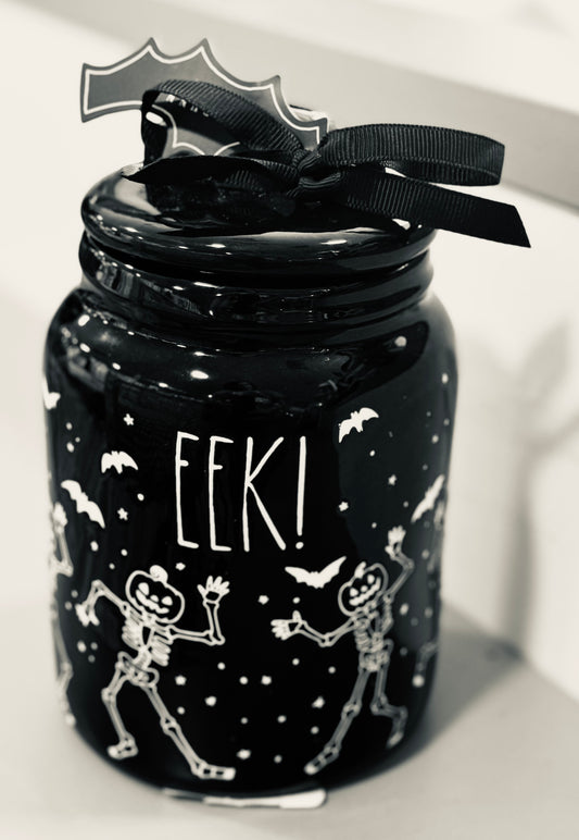 New Rae Dunn Halloween decor ceramic EEK! ☠️ dancing skeleton baby black iridescent canister