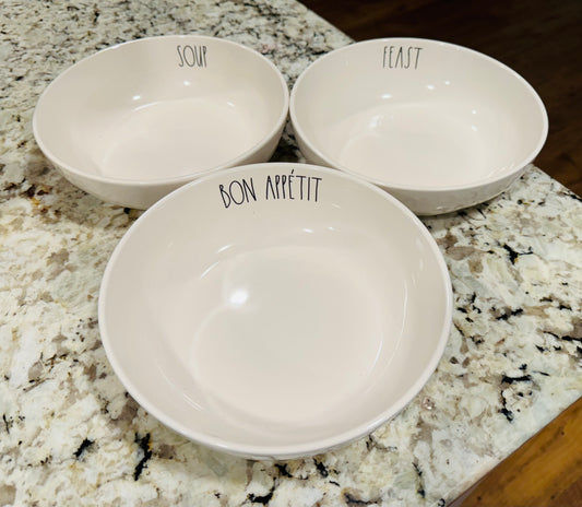 New Rae Dunn white ceramic 3-piece bowl set SOUP, FEAST, BON APPETITE