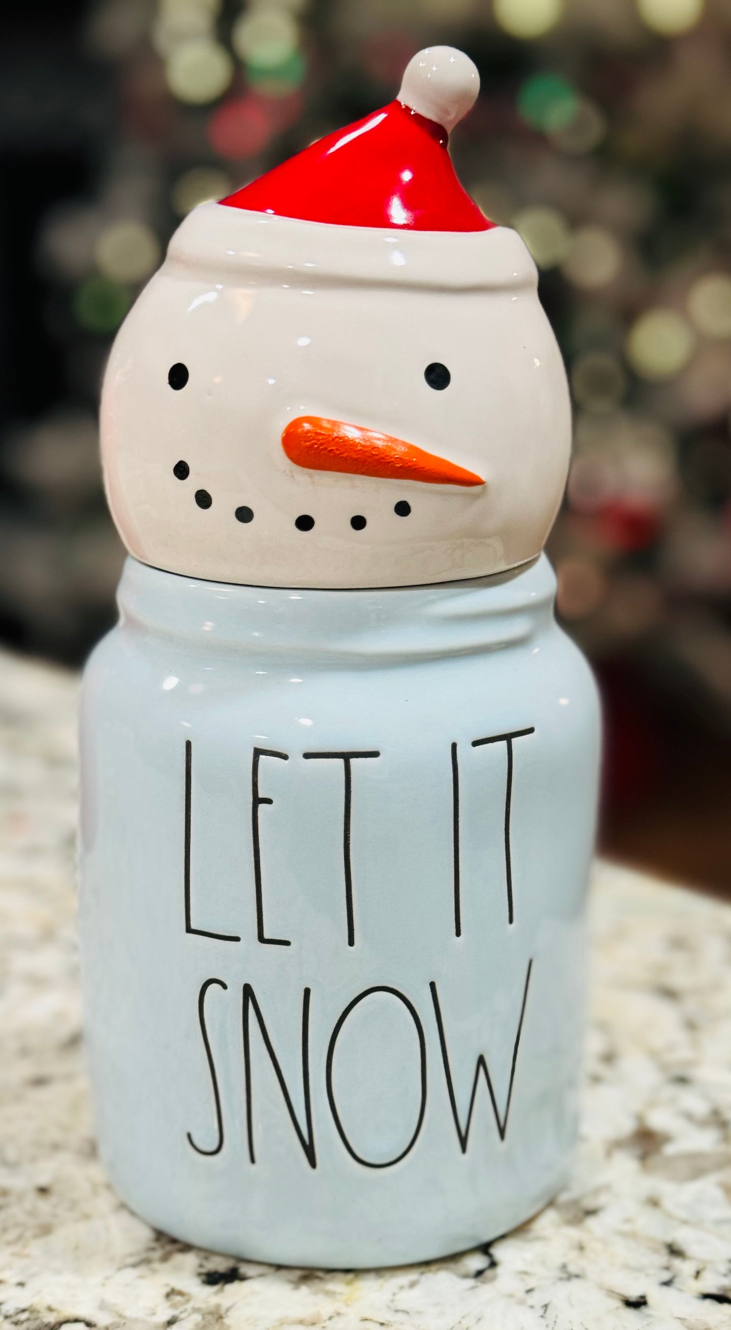 New Rae Dunn blue ceramic snowman face topped canister LET IT SNOW