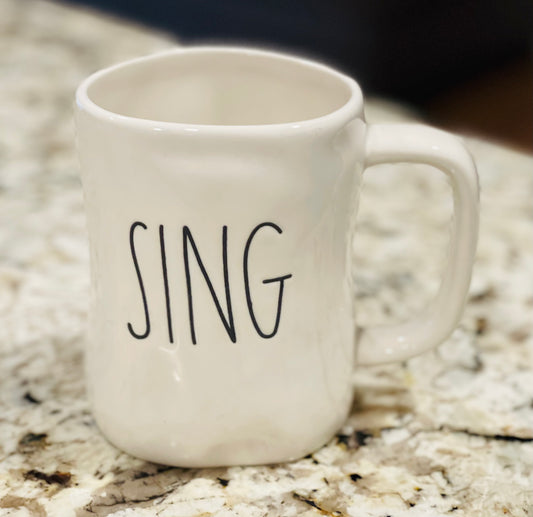 New Rae Dunn white ceramic coffee mug SING