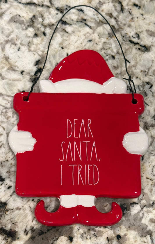 New Rae Dunn red ceramic Christmas sign decor DEAR SANTA, I TRIED
