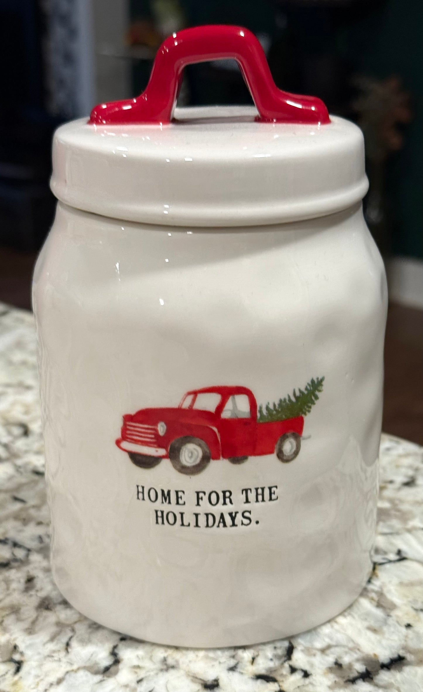 New Rae Dunn white ceramic red truck Christmas canister 6” HOME FOR THE HOLIDAYS