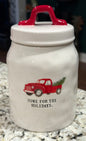 New Rae Dunn white ceramic red truck Christmas canister 6” HOME FOR THE HOLIDAYS