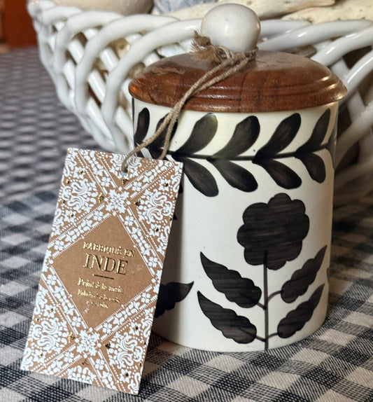 New brown floral Made in India ceramic 4” canister wood lid/ceramic top