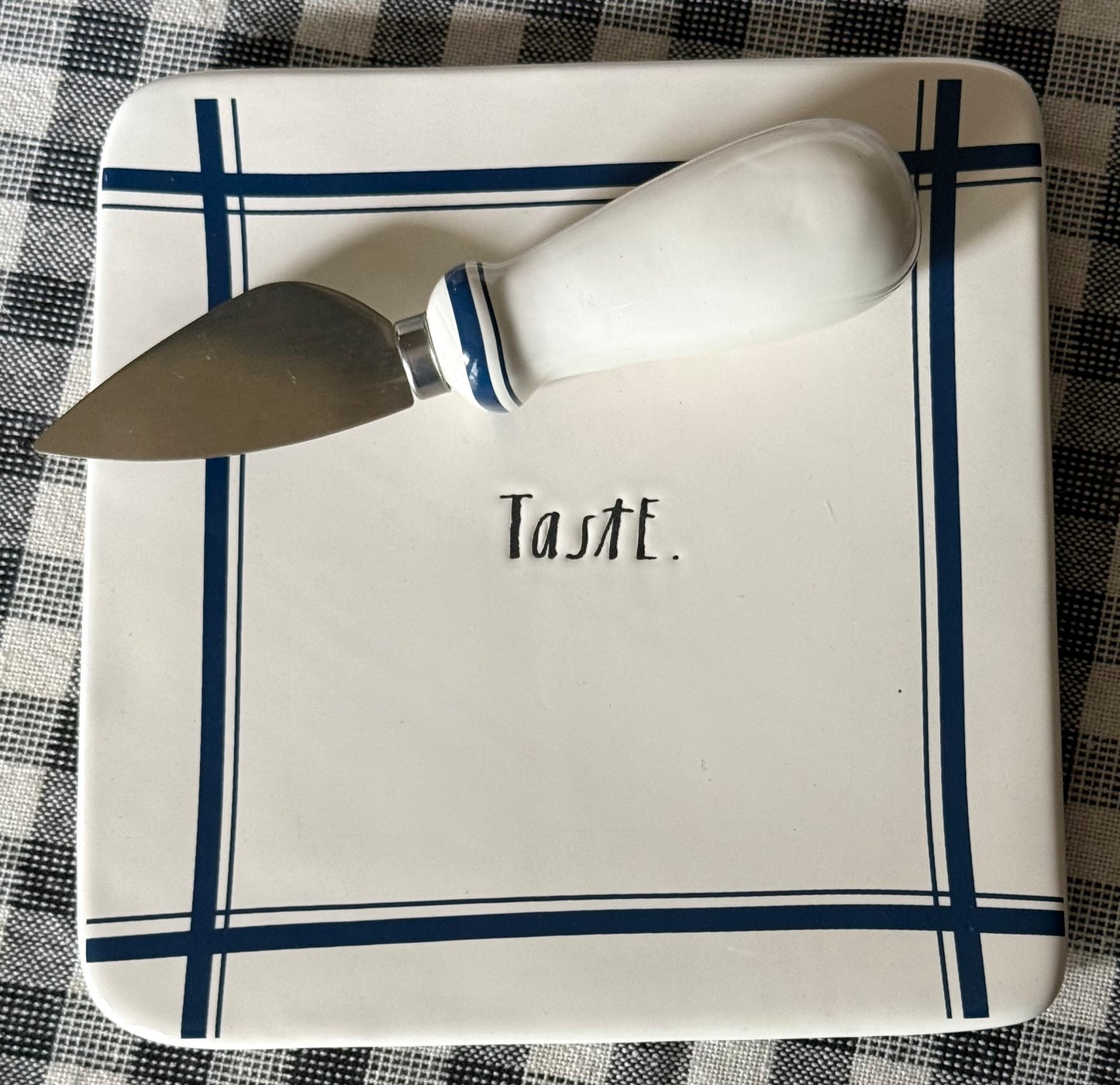 Rae Dunn blue line ceramic cheese knife & plate set TASTE