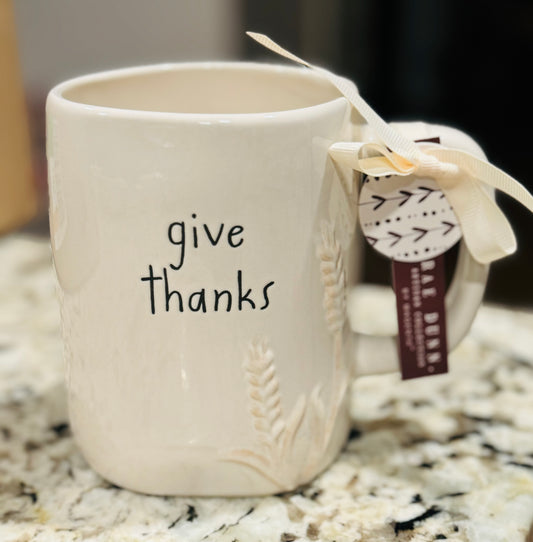 New Rae Dunn white ceramic coffee mug GIVE THANKS floral motif