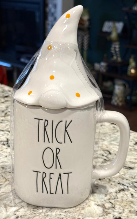 New Rae Dunn white ceramic polka dot Halloween gnome topper coffee mug TRICK OR TREAT