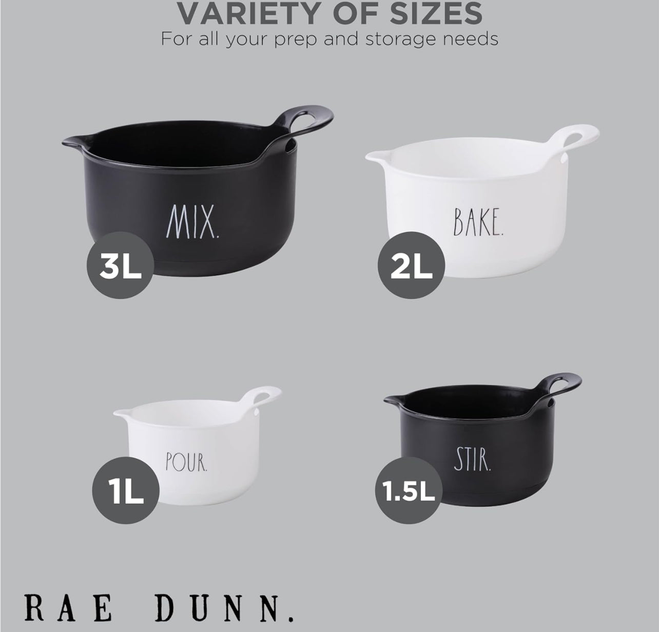 Rae Dunn Non-Slip Mixing Bowls - 4 Piece Nesting Plastic Mixing Bowl Set with Pour Spouts and Handles-Measurement Markings (black)