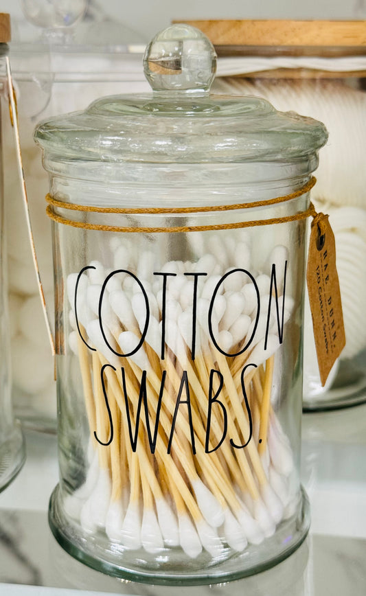 New Rae Dunn glass storage jar filled with COTTON SWABS