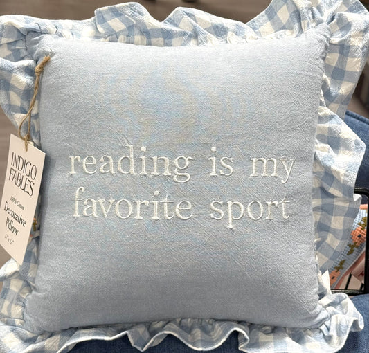 New blue gingham ruffled throw pillow 12x12 READING IS MY FAVORITE SPORT