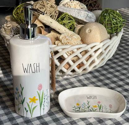 New Rae Dunn 2-piece floral bathroom accessories set WASH