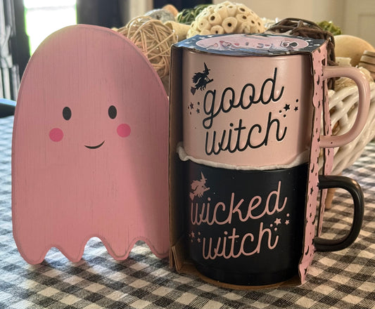 New ceramic 2-piece Halloween mug set & ghost decor 5.5” good witch/bad witch