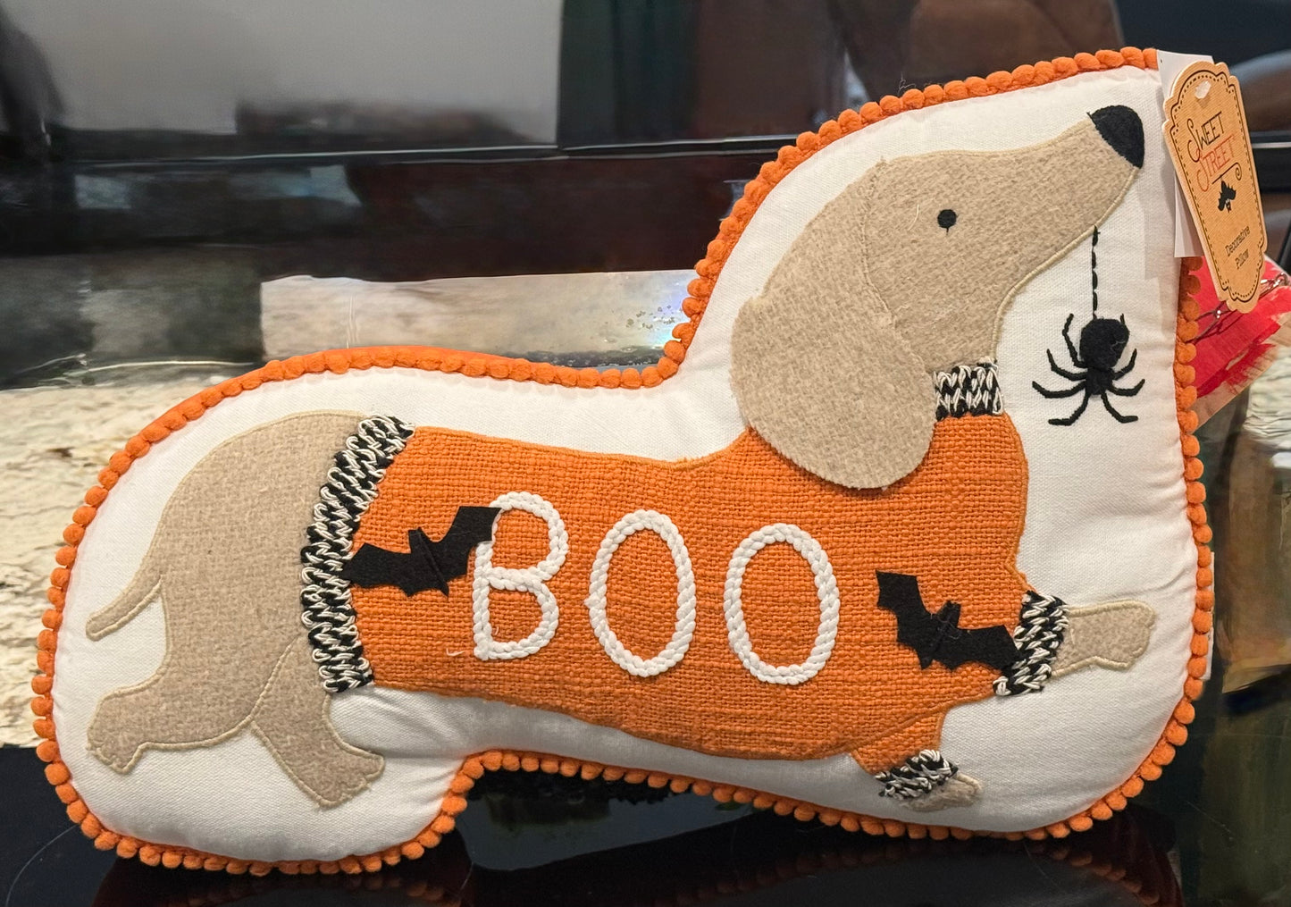 New plush Halloween dachshund weiner dog throw pillow BOO