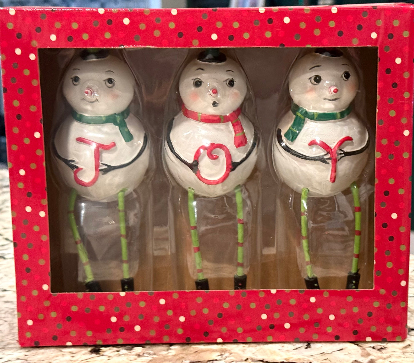 New Joanna Parker snowman JOY christmas holiday shelf sitter set
