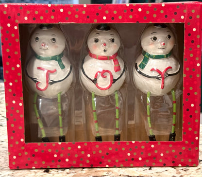 New Joanna Parker snowman JOY christmas holiday shelf sitter set