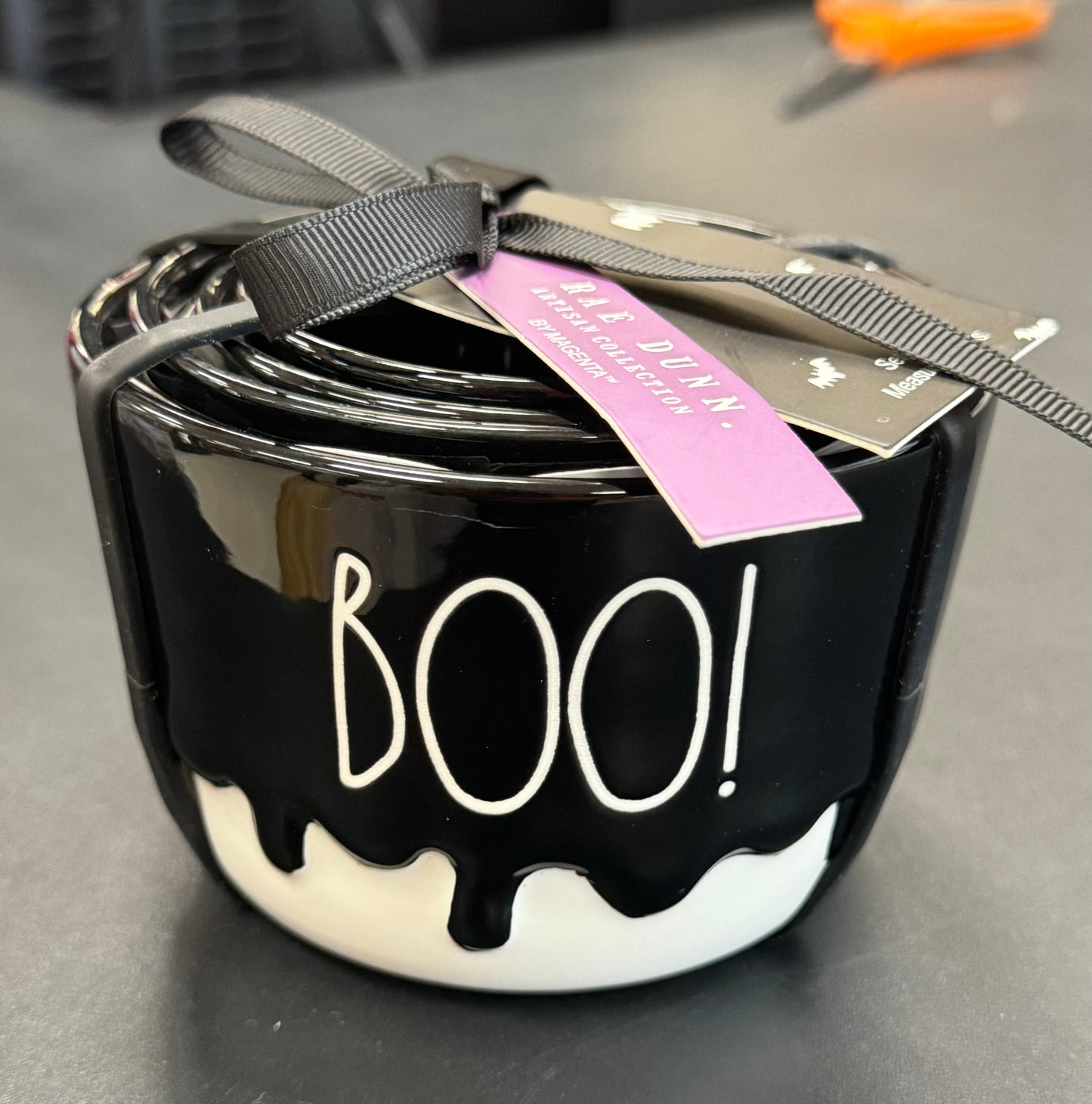 New release! Rae Dunn Halloween black & white “drip” ceramic measuring cup set BOO! 👻