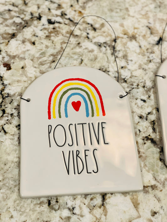 New Rae Dunn white ceramic hanging rainbow 🌈 sign decor POSITIVE VIBES