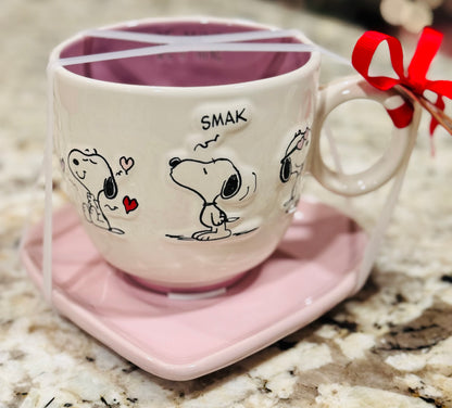 New Rae Dunn x Peanuts Snoopy ceramic heart shaped mug and saucer