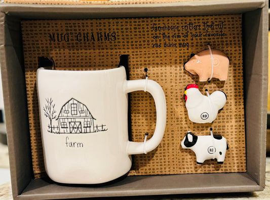 New Rae Dunn white ceramic Farm scene coffee mug & 3 mug charm box set