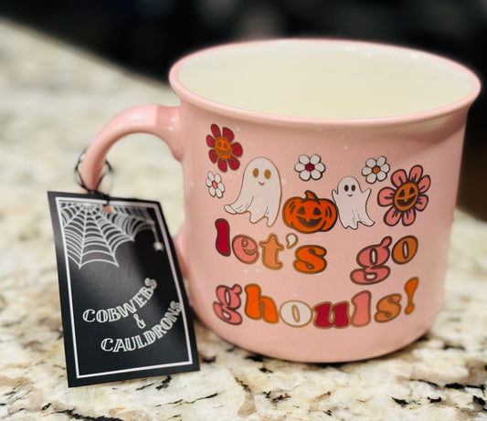 New pink ceramic Halloween coffee mug LETS GO GHOULS