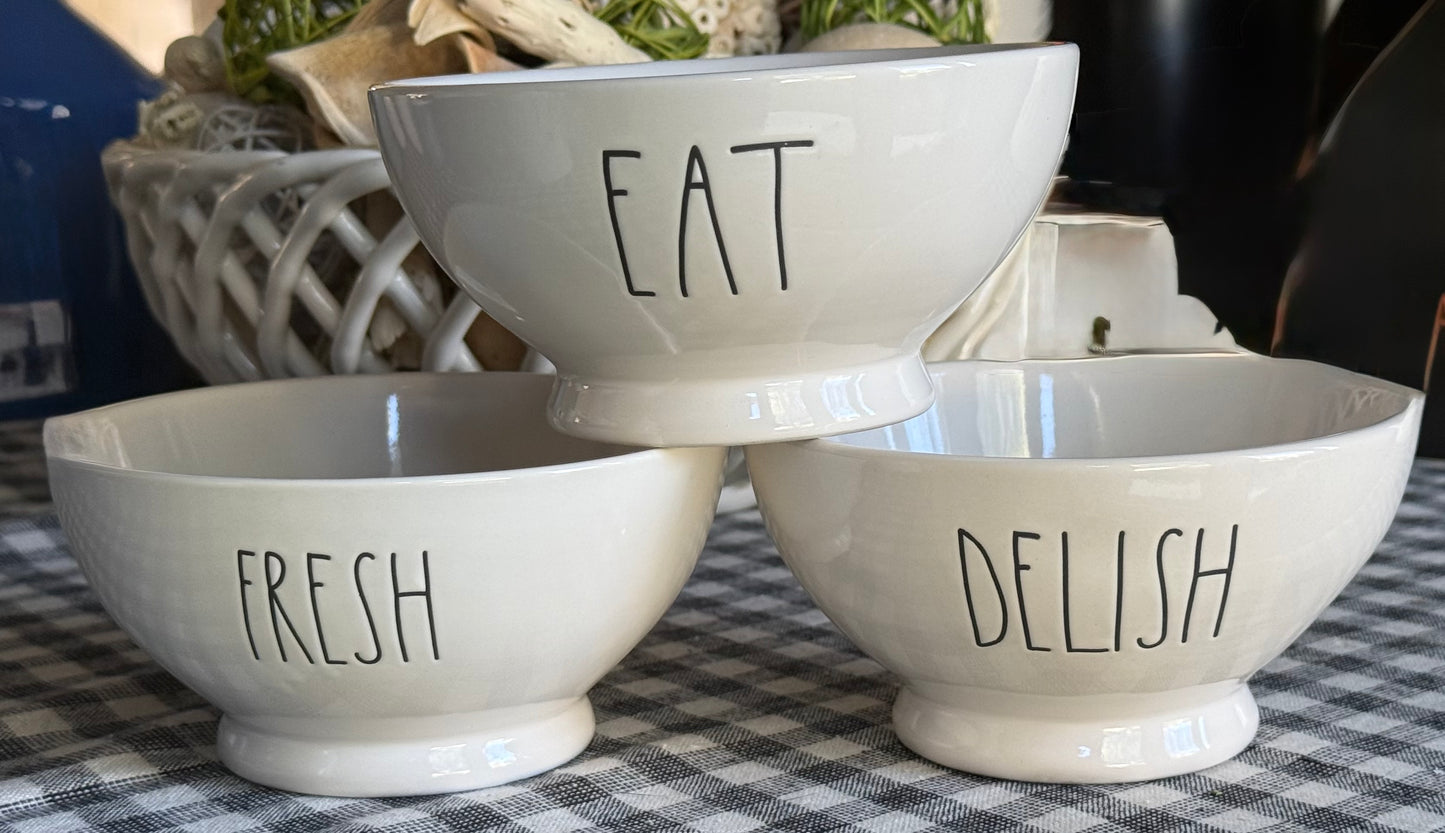 Rae Dunn 3-piece white ceramic bowl set EAT FRESH DELISH
