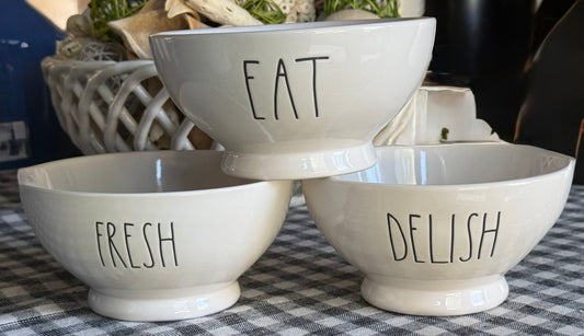Rae Dunn 3-piece white ceramic bowl set EAT FRESH DELISH