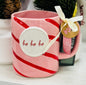 New Rae Dunn pink striped ceramic Christmas coffee mug HO HO HO