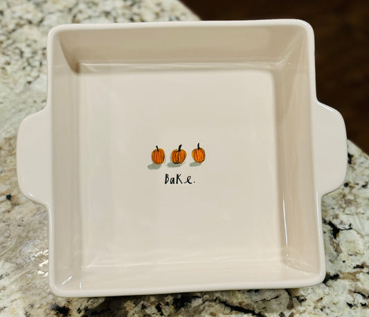 New Rae Dunn white ceramic watercolor Pumpkin baking pan BAKE